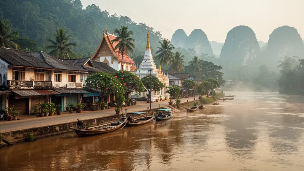 Río Mekong fluyendo junto a la ciudad ribereña de Huay Xai en Bokeo, Laos, con barcos de madera, templos y colinas verdes brumosas al amanecer