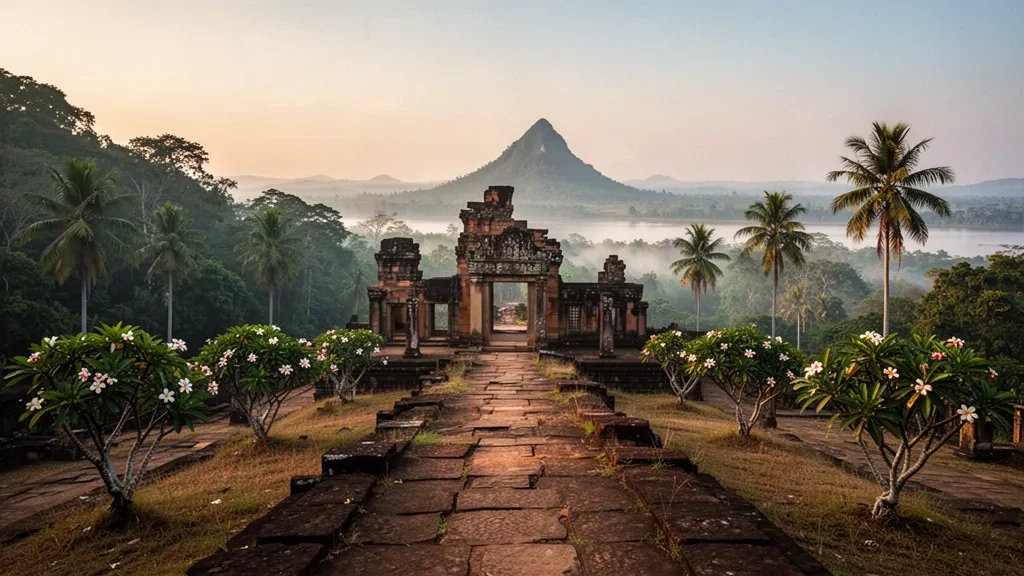 Antiguas ruinas jemeres del templo Wat Phou en Champasak, Laos, enmarcadas por palmeras y la llanura del Mekong bajo una cálida luz matutina