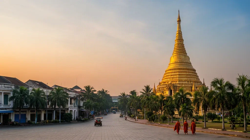 Veduta all'ora d'oro dello stupa Pha That Luang e dei viali alberati di Vientiane, Laos, con cielo aperto per una pagina di viaggio cittadina
