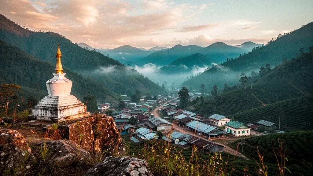 Vue de l'aube sur Phongsaly, au Laos, depuis la colline de Phou Fa, avec un stupa blanc au-dessus de montagnes brumeuses et les toits de la ville en contrebas