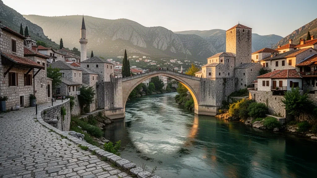 Stari Most old bridge over the Neretva River in Mostar, Bosnia and Herzegovina, in warm golden late-afternoon light