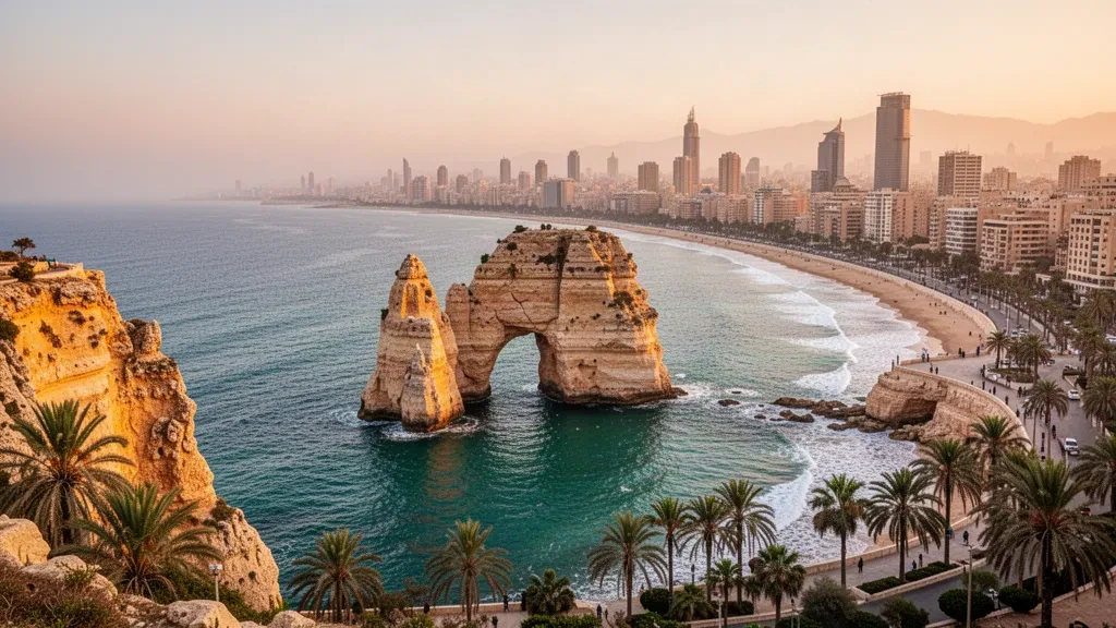 Tramonto dorato sulle Rocce dei Piccioni di Beirut e sulla costa mediterranea con lo skyline della città e le palme.