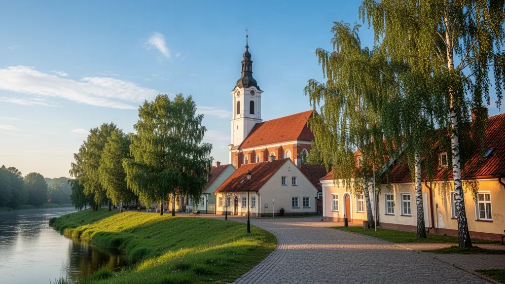 Clocher de l'église Saint-Simon s'élevant au-dessus de la vieille ville aux toits rouges de Valmiera, en Lettonie, au bord de la Gauja par un après-midi d'été ensoleillé