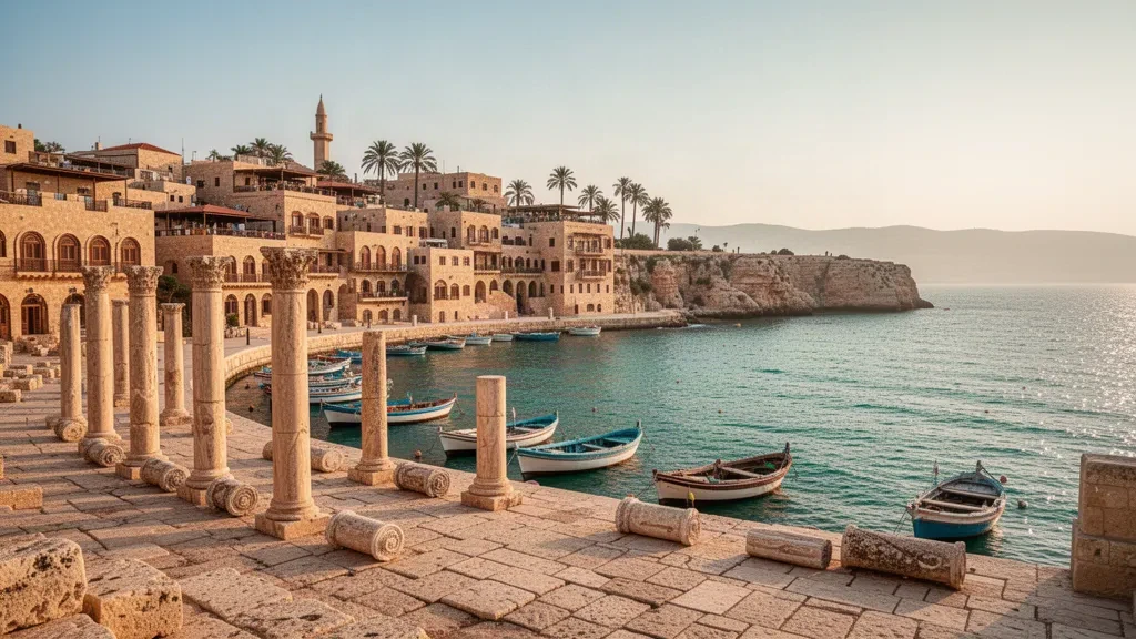 Veduta all'ora d'oro dell'antico porto di Tiro, con colonne romane e barche da pesca lungo la costa del Libano meridionale
