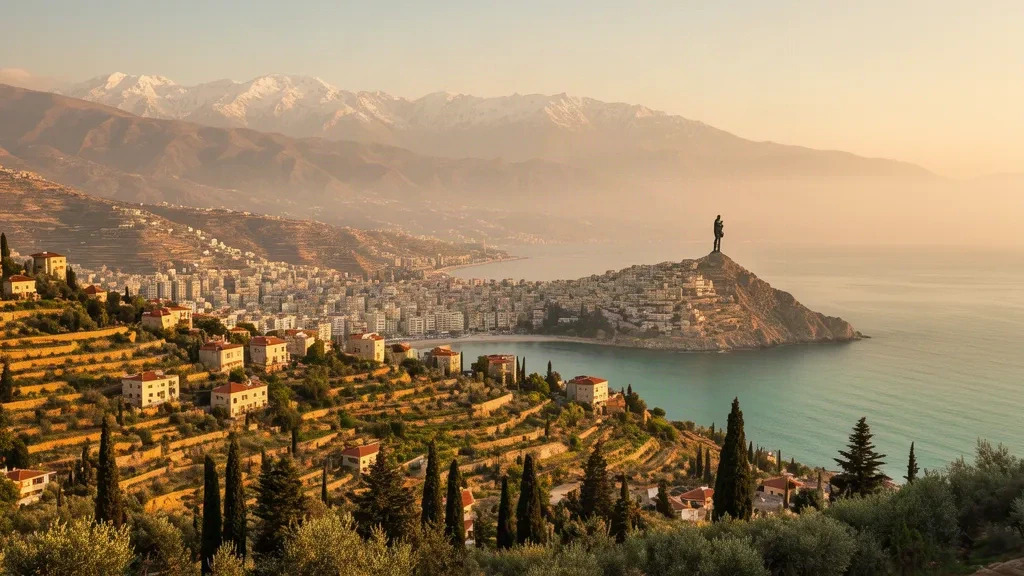 Jounieh yakınlarında Lübnan Dağı'nın teraslı yamaçları, taş köyleri ve Akdeniz kıyı şeridi üzerinde altın saat manzarası