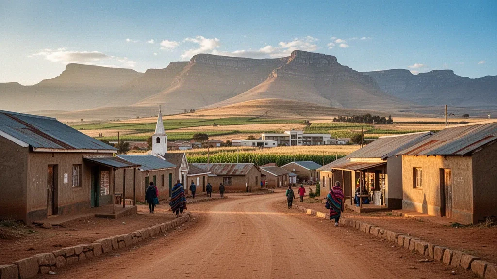 Weitblick auf die Stadt Mafeteng in Lesotho mit Sandsteingebäuden, unbefestigten Straßen und den fernen Maloti-Bergen im Licht der goldenen Stunde