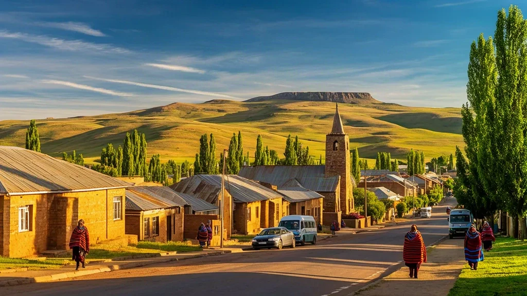 Mafeteng, Lesotho'da kumtaşı binalar ve sakin bir yayla sokağı, altın saat ışığında yeşil Maloti eteklerinin önünde