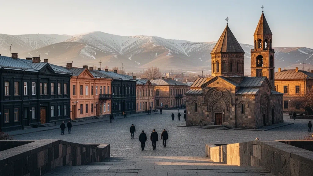 Ermenistan'ın Shirak Bölgesi'nin merkezi Gyumri'de tarihi kara tüf taşı mimarisi ve kubbeli kilise