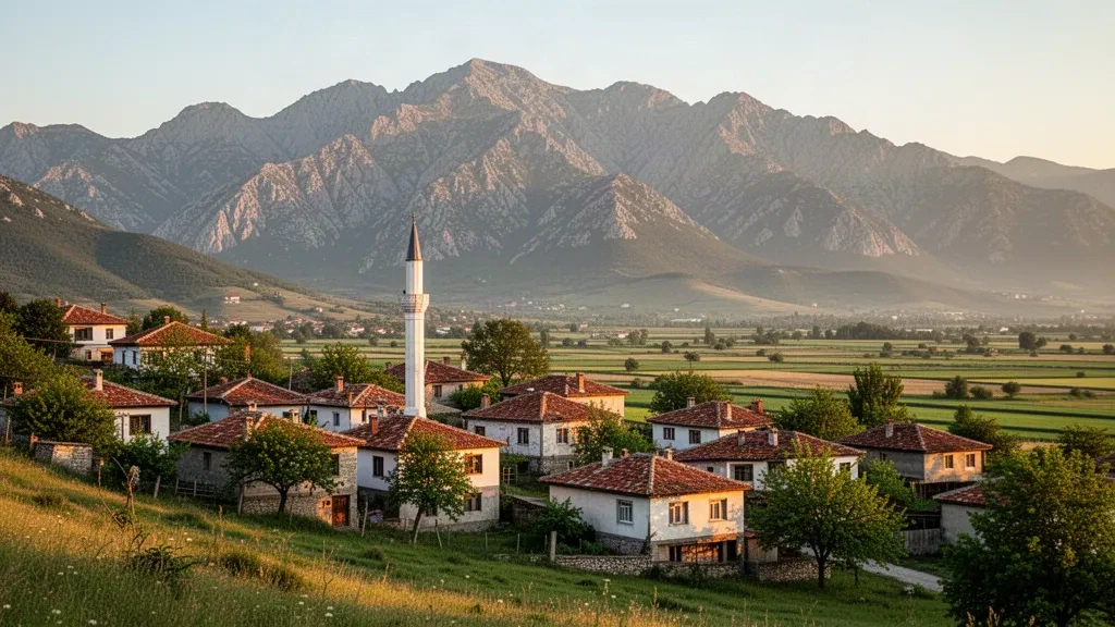 Panoramablick auf das Dorf Želino in Nordmazedonien mit traditionellen Häusern, einem Moschee-Minarett und dem Šar-Gebirge im Hintergrund.