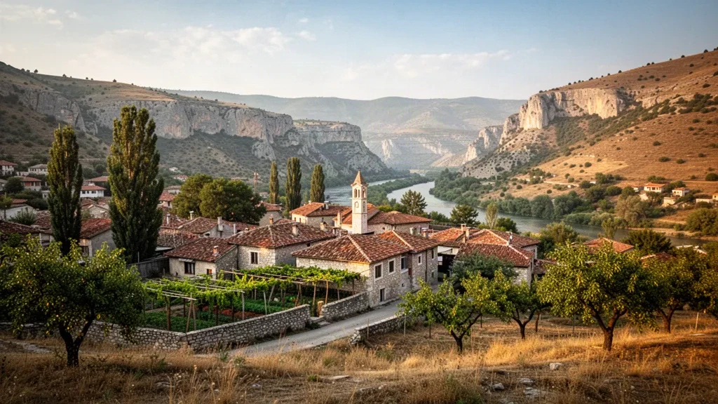 Pueblo de Zelenikovo bañado por el sol en el valle del Vardar, en Macedonia del Norte, tejados de terracota y huertos bajo los escarpados acantilados de la garganta