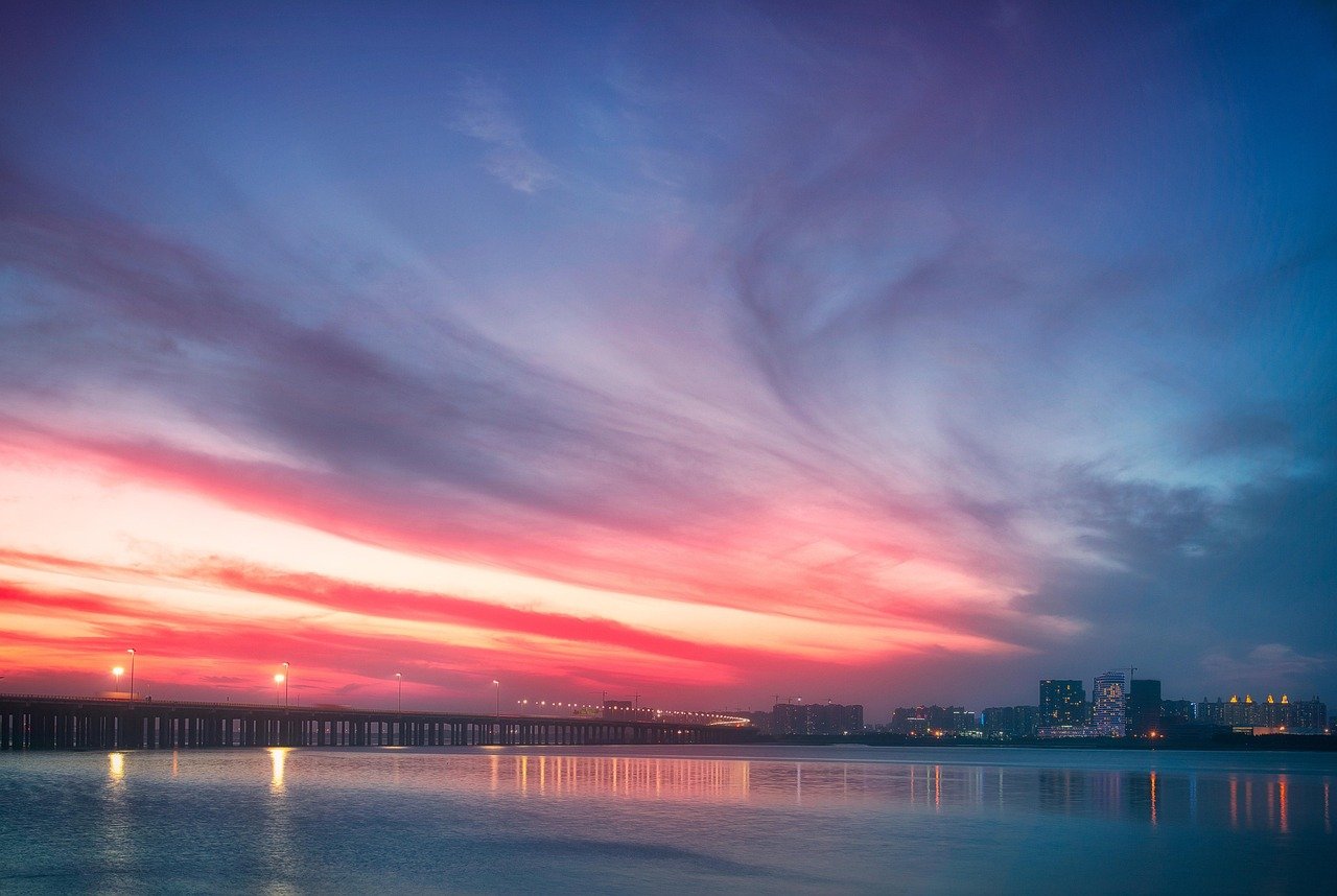città, skyline, tramonto, cielo, crepuscolo, shenzhen, baia, bagliore del tramonto, natura, cina