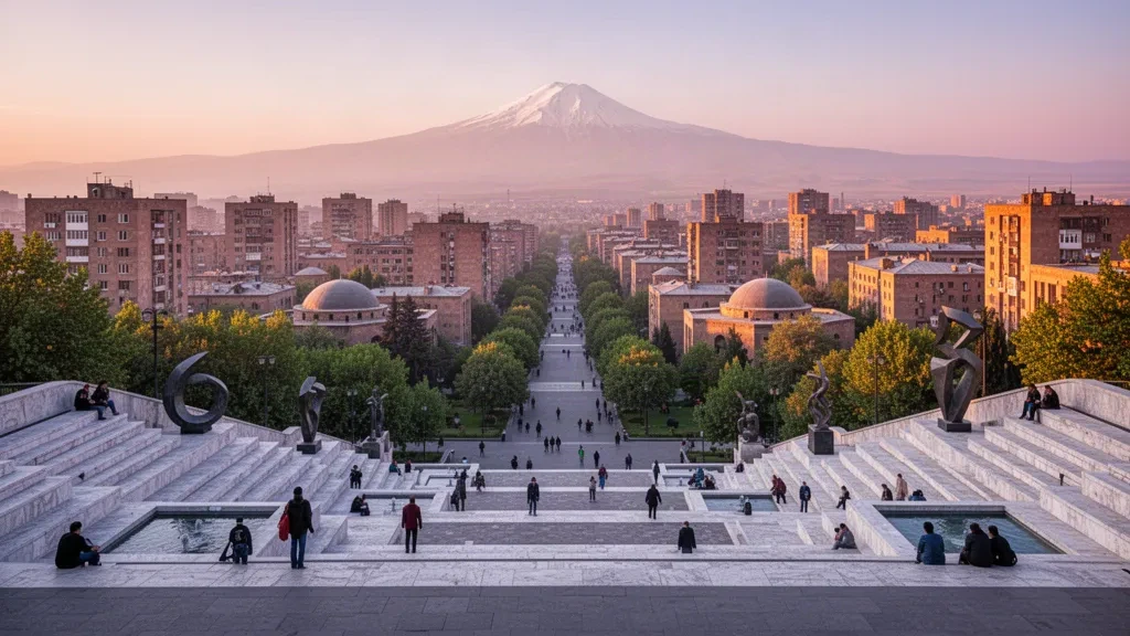 Golden-hour view of Yerevan's Cascade Complex terraces with visitors, pink tufa buildings and snow-capped Mount Ararat in Armenia