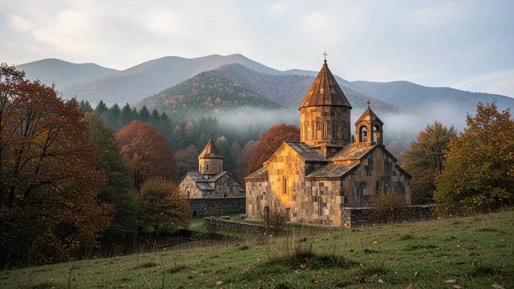 Steinerne Kirche des Klosters Haghartsin umgeben von Herbstwald in der Provinz Tavush, Armenien