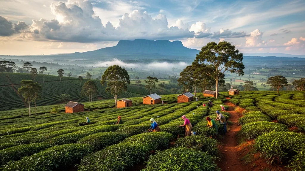 Colline di piantagioni di tè a Thyolo, Malawi, con il Monte Mulanje che si erge in lontananza nella foschia sotto la calda luce del tardo pomeriggio