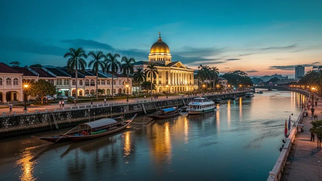 Lungofiume di Kuching a Sarawak, Malesia al crepuscolo, con l'edificio illuminato dell'Assemblea Legislativa riflesso nel fiume Sarawak