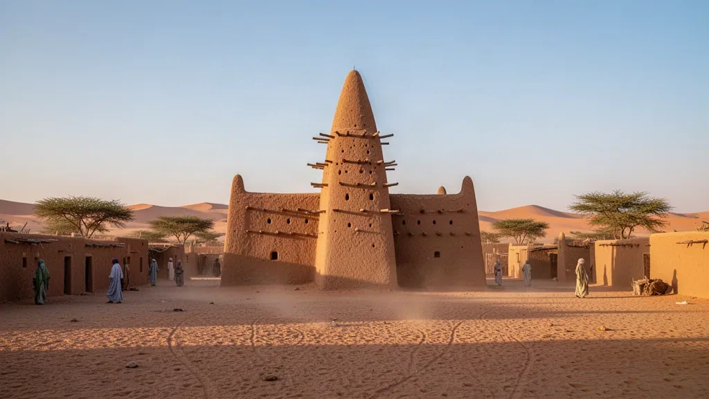Mali, Timbuktu'daki Djinguereber Camii'nin altın saatlerde kerpiç mimarisi ve çöl ışığıyla görünümü.
