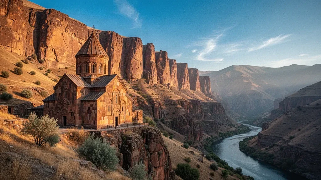 Die Kirche aus rotem Tuffstein des Noravank-Klosters über der Arpa-Schlucht in Vayots Dzor, Armenien, im späten goldenen Licht