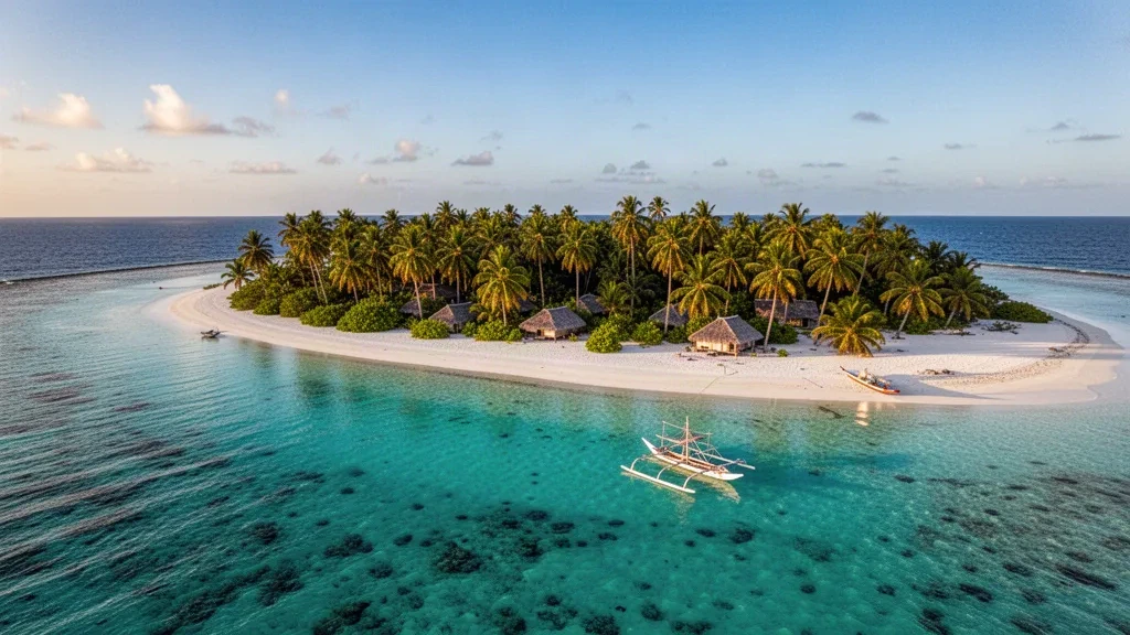 Vista aérea de una laguna turquesa y un atolón de coral en la Cadena Ralik, Islas Marshall, con una canoa tradicional de balancín y palmeras.