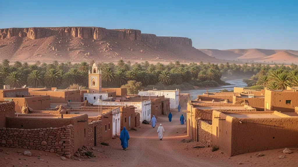 Vue à l'heure dorée du vieux ksar en pierre de Tidjikja et de la palmeraie de l'oasis dans la région du Tagant en Mauritanie