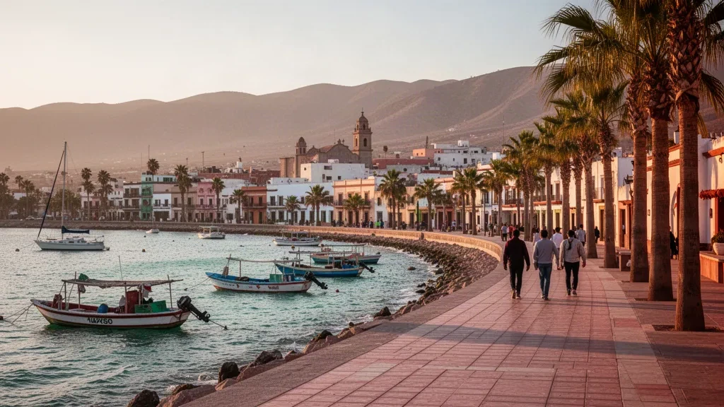 Veduta dell'ora d'oro del Malecón bordato di palme e del lungomare della baia di La Paz a Baja California Sur, Messico