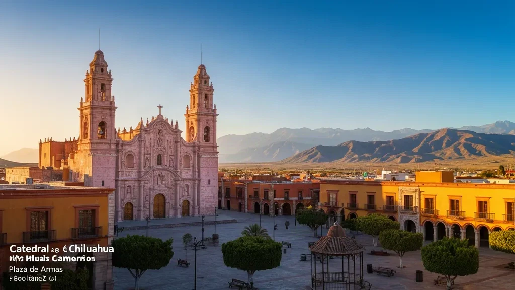 Veduta della Cattedrale di Chihuahua e della Plaza de Armas di Chihuahua, Messico, durante l'ora dorata, con le colline desertiche che si elevano dietro la città