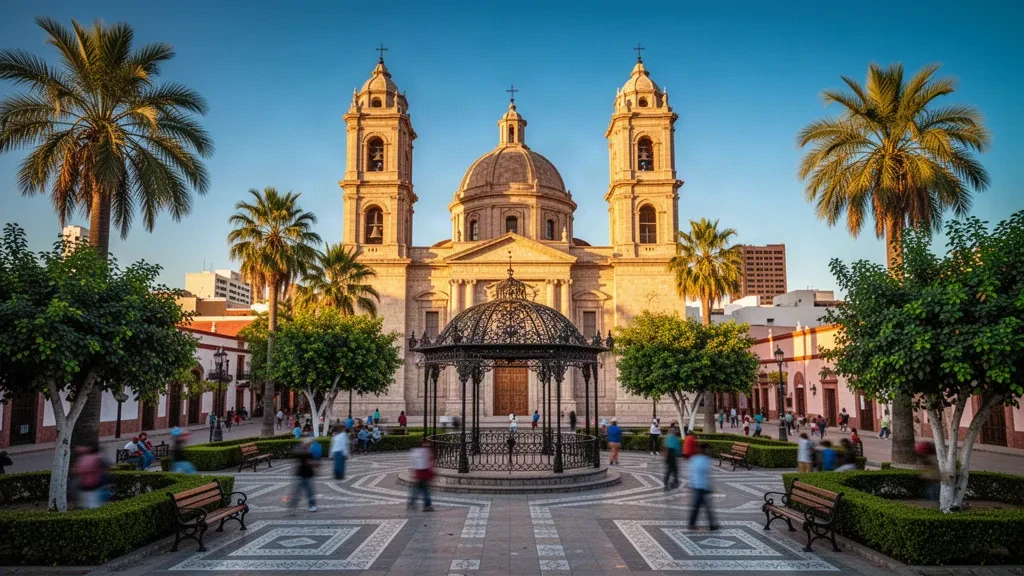 Cathedral of the Assumption overlooking Plaza Zaragoza in Hermosillo, Sonora, Mexico, glowing in warm late-afternoon desert light