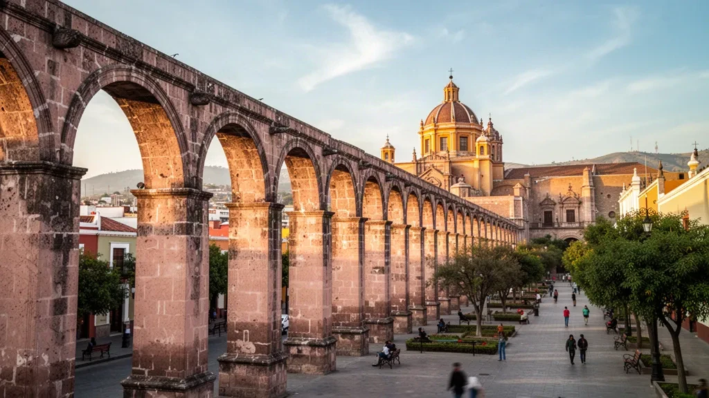 Acueducto de Los Arcos y tejados coloniales en el centro histórico de Santiago de Querétaro, México