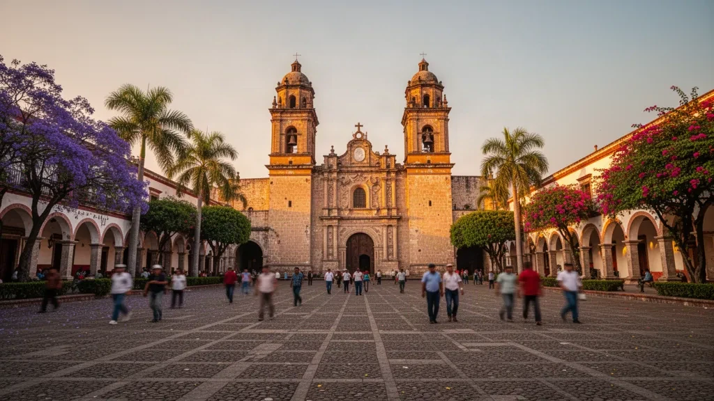 Veduta all'ora d'oro della Cattedrale di Cuernavaca e della piazza coloniale a Morelos, Messico, incorniciata da alberi di jacaranda