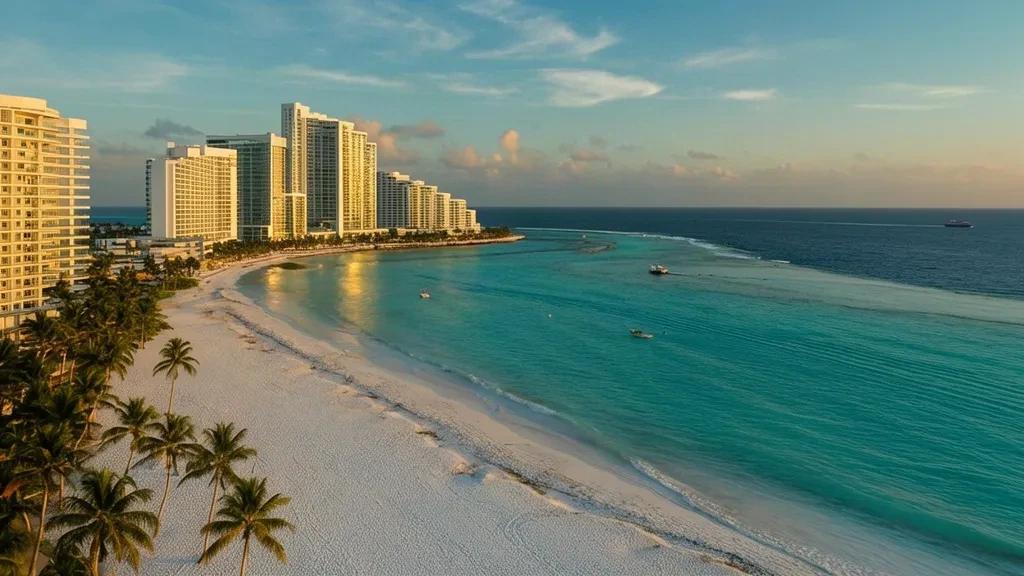 Panorama de la zona hotelera de Cancún junto al mar Caribe turquesa y una playa bordeada de palmeras en Quintana Roo, México, durante la hora dorada