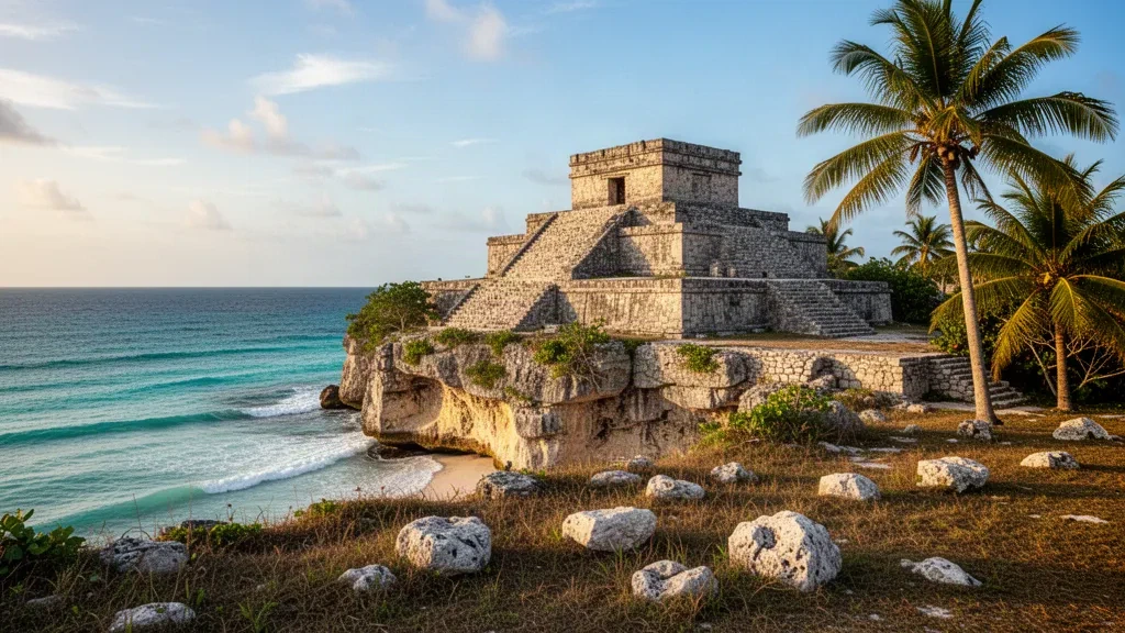 Antiguas ruinas de un templo maya de piedra en Tulum, sobre un acantilado frente al mar Caribe turquesa en Quintana Roo, México