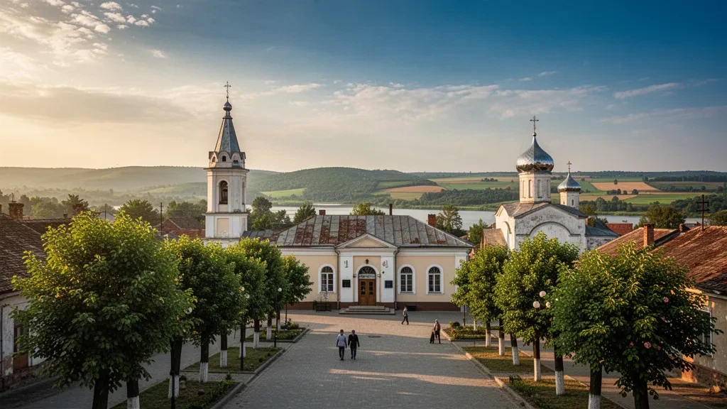 Vue d'après-midi d'automne sur la ville du nord de la Moldavie, Rîșcani, avec sa place centrale, son église orthodoxe et ses collines verdoyantes