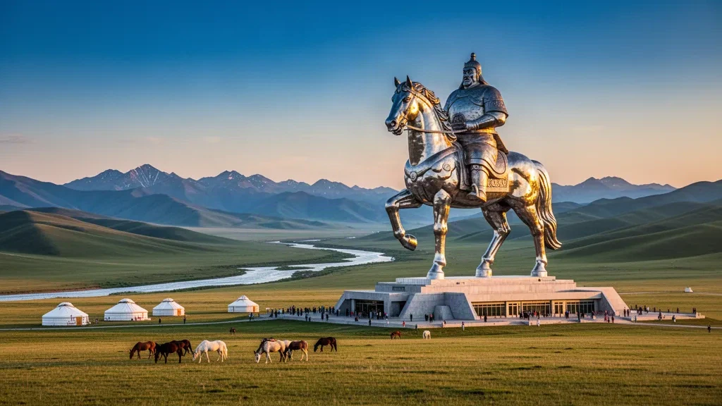 Statue équestre de Gengis Khan dans la steppe de la province de Töv, en Mongolie, avec des collines ondulantes et une lumière dorée de fin de journée.