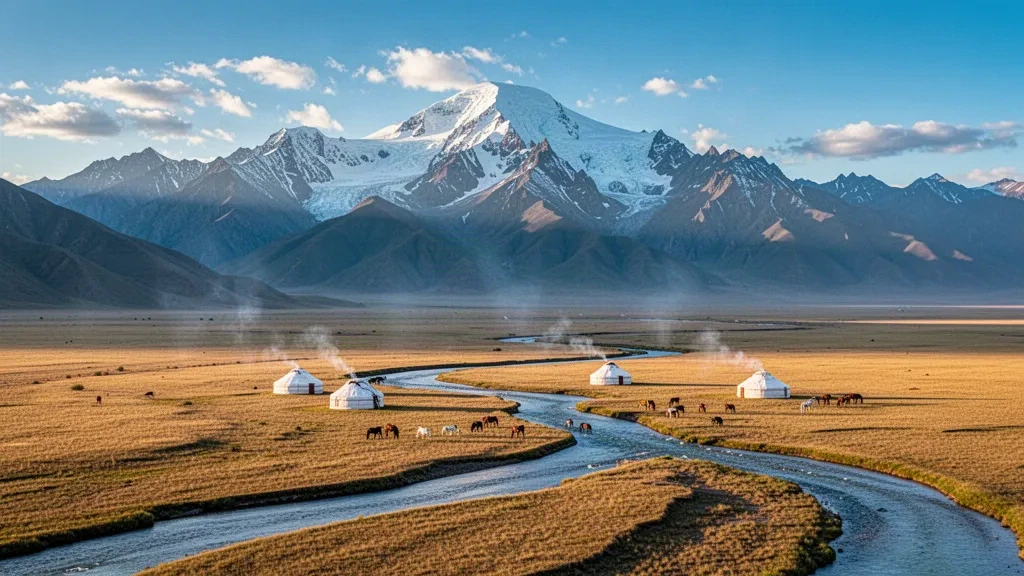 La montaña Otgontenger con vetas de nieve elevándose sobre la estepa del valle del río Zavkhan y gers blancos en el oeste de Mongolia a la hora dorada