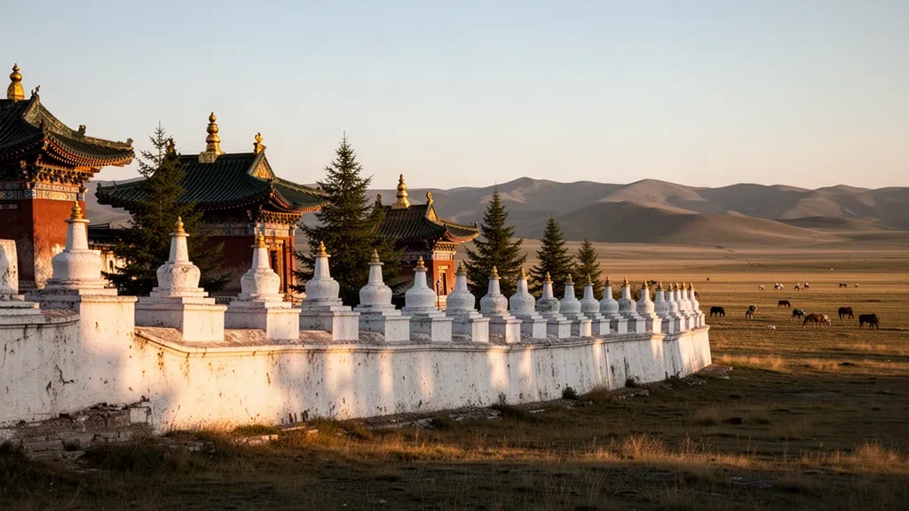 Övörkhangai, Moğolistan'daki Erdene Zuu Manastırı'nın beyaz stupa duvarları, açık Orkhon Vadisi bozkırına karşı altın saatte parlıyor.