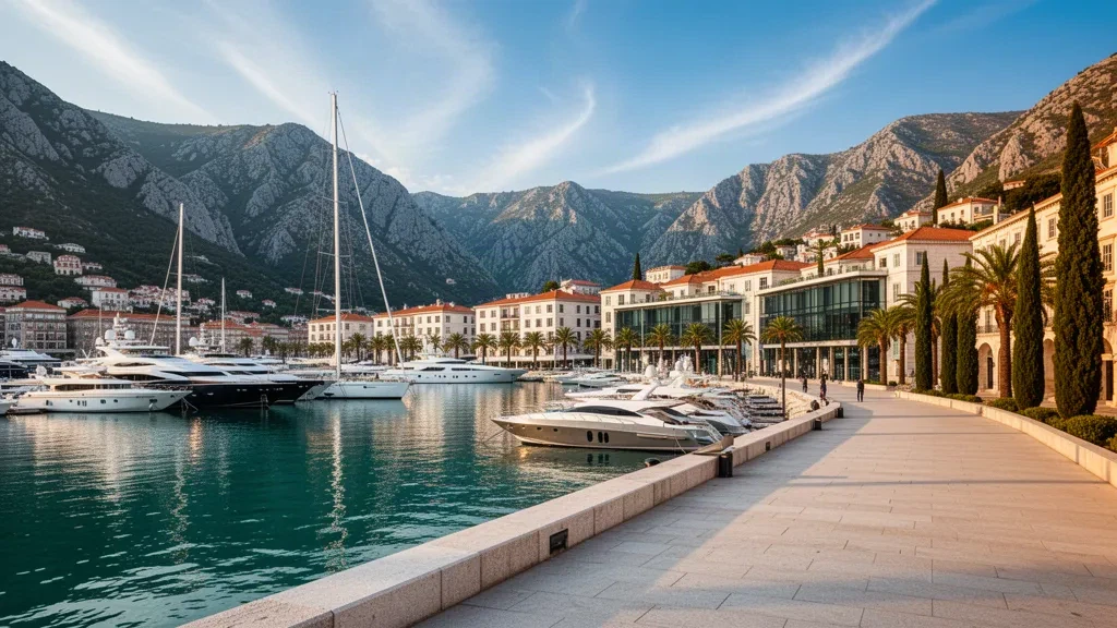 Tivat, Karadağ'daki Porto Montenegro marinasında demirlemiş lüks yatlar; altın saat ışığı altında Adriyatik Denizi ve dağlar.