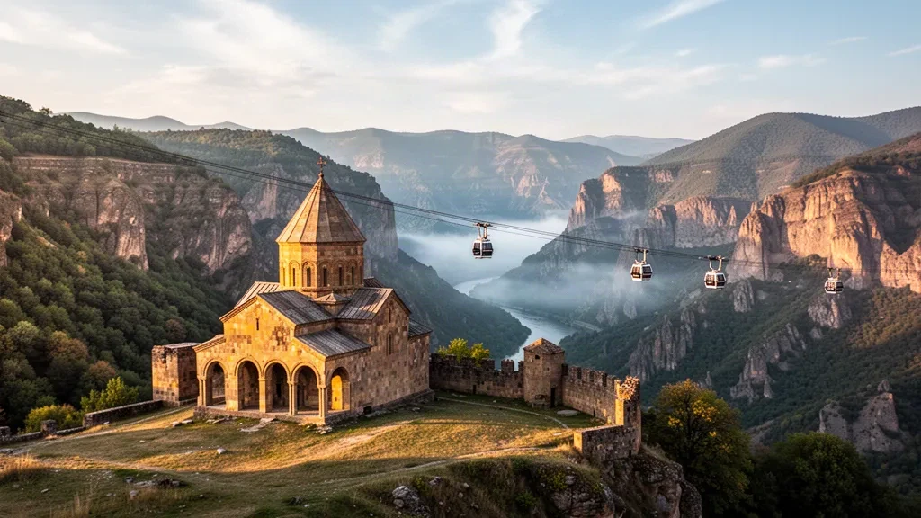 Monasterio de Tatev y su teleférico sobre el desfiladero de Vorotan en la provincia de Syunik, sur de Armenia, iluminados por la cálida luz del final de la tarde