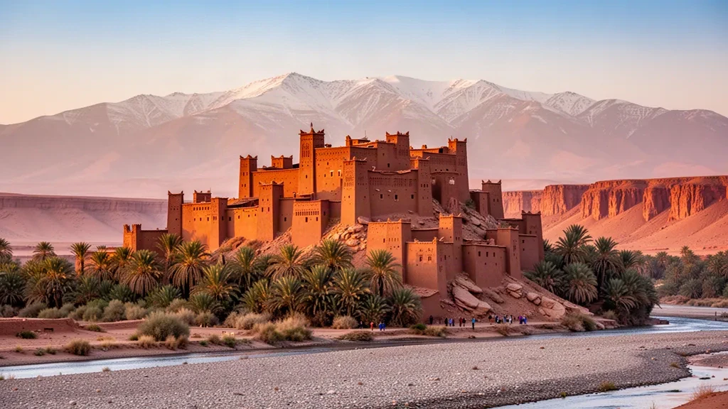 Uralter Lehm-Ksar Ait Benhaddou, der in der goldene Stunde über Palmenhainen und dem Draa-Tal in der marokkanischen Region Draa-Tafilalet aufragt