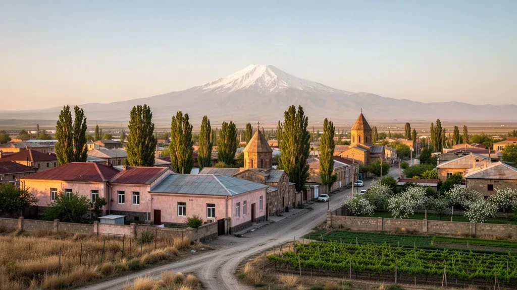 Armavir, Ermenistan'da Ararat Ovası'nda pembe tüf binalar, ağaçlı caddeler ve altın saatte karla kaplı Ağrı Dağı ile şehir manzarası