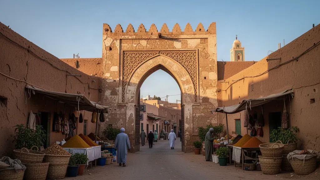 Storica porta in pietra di Bab Sidi Abdelwahab nella medina di Oujda, capitale della regione Orientale del Marocco, in luce dorata