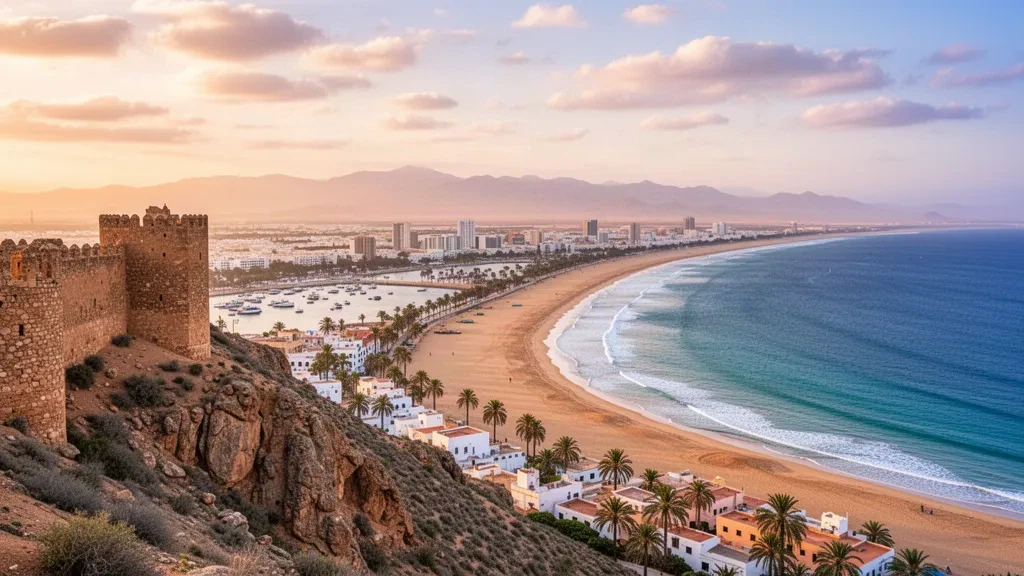 Veduta panoramica della costa di Agadir e della kasbah di Agadir Oufella che domina l'Oceano Atlantico a Souss-Massa, Marocco.