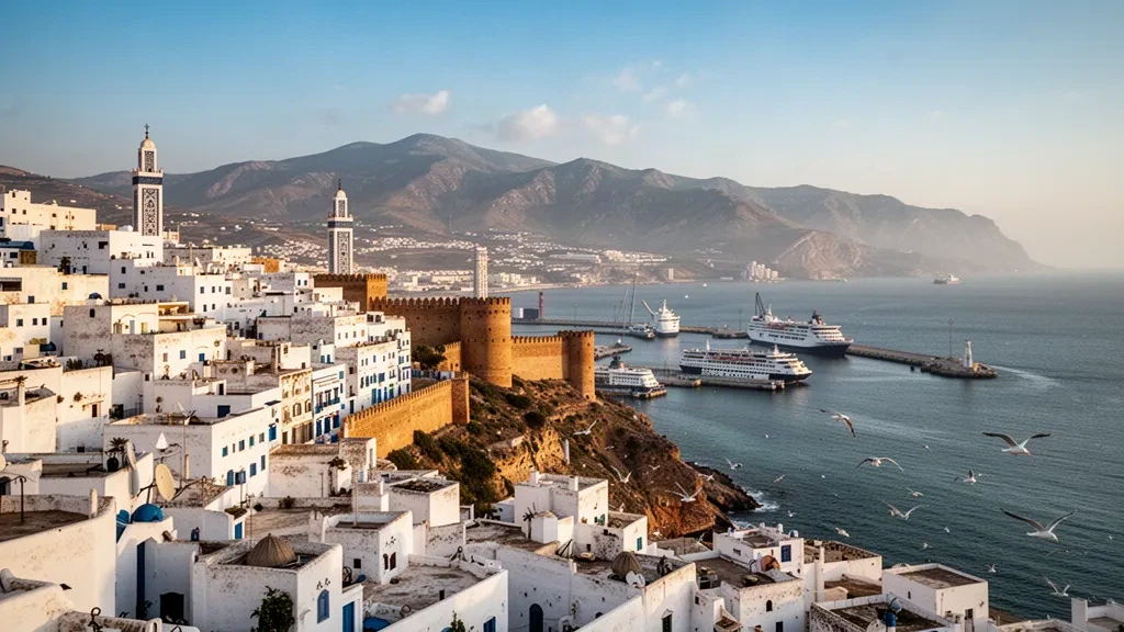 Panoramablick auf Tanger, Marokko, mit der weiß getünchten Medina, der Bucht von Tanger und dem Rif-Gebirge zur goldenen Stunde.
