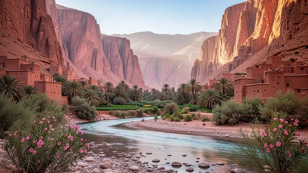 Falaises calcaires rouges imposantes des gorges du Todra encadrant l'oasis de palmiers et les bâtiments en terre des kasbahs de Tinghir, au Maroc, dans une lumière dorée et chaleureuse