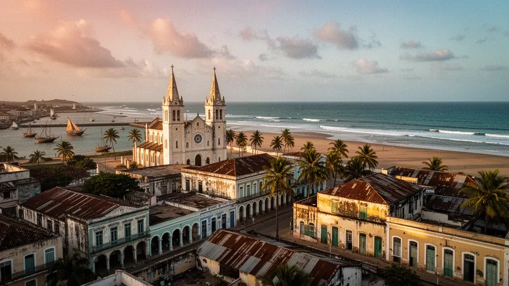 Vue à l'heure dorée sur Beira, province de Sofala, Mozambique, avec sa cathédrale coloniale et le littoral de l'océan Indien