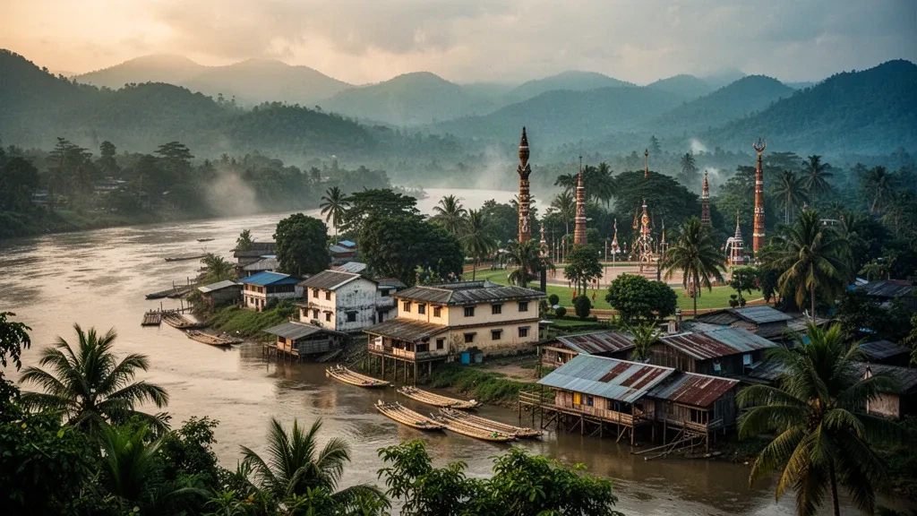 Myanmar'ın Kachin Eyaleti'ndeki Myitkyina üzerinde altın saat manzarası; Ayeyarwady Nehri ve ormanlık kuzey tepeleri