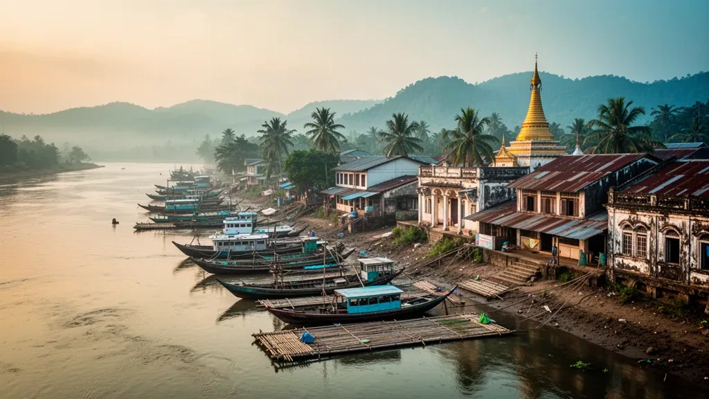 Barche da pesca in legno lungo il lungomare di Sittwe nello Stato Rakhine, Myanmar, all'estuario del fiume Kaladan durante l'ora d'oro
