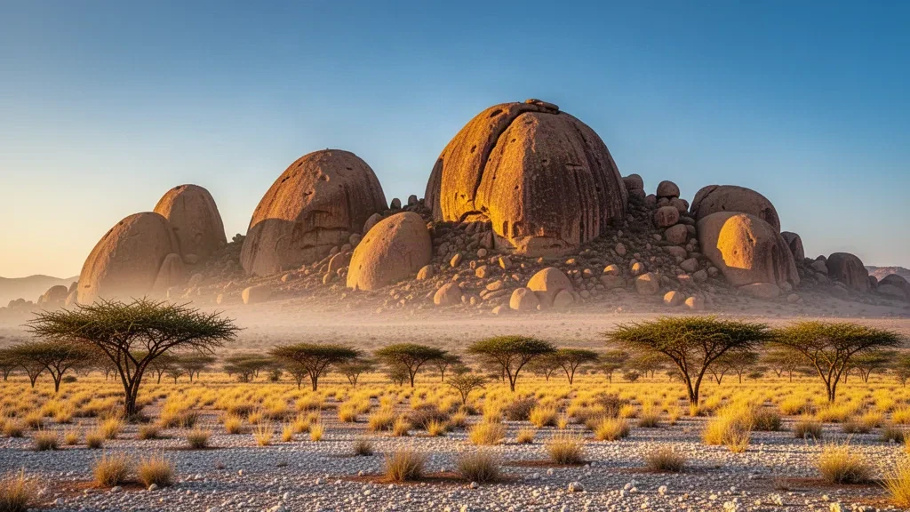 Golden-hour view of the Spitzkoppe granite peaks rising above the arid Erongo Region desert in Namibia