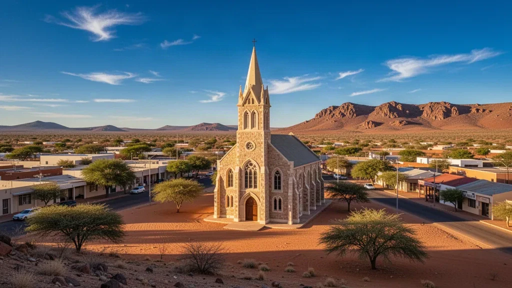 Église réformée hollandaise historique de Keetmanshoop, région de Karas, Namibie, sous un ciel bleu dégagé avec un paysage aride aux alentours.