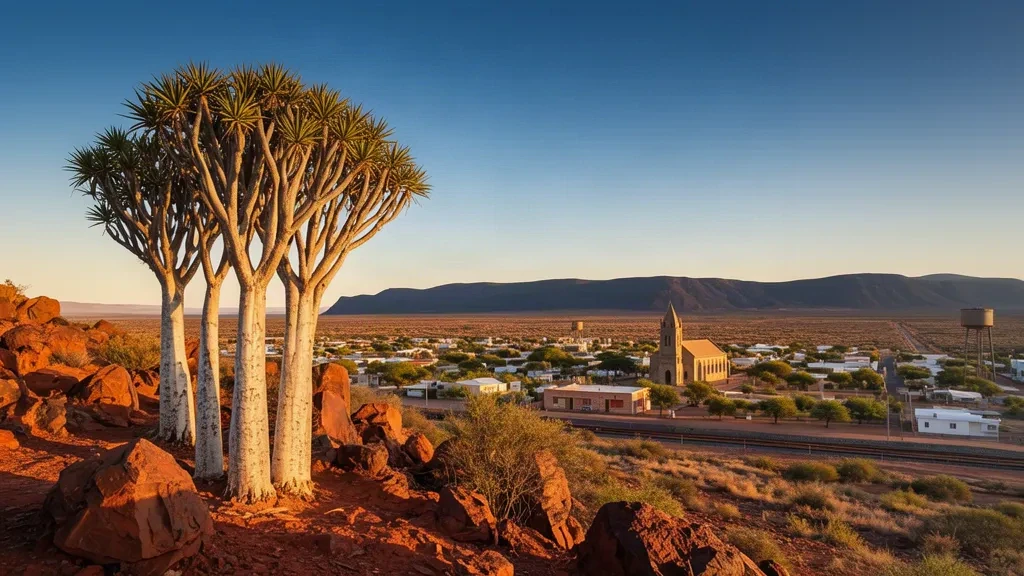 Ora dorata su Keetmanshoop nella regione di Karas in Namibia, con alberi faretra, chiesa in pietra e colline semi-desertiche