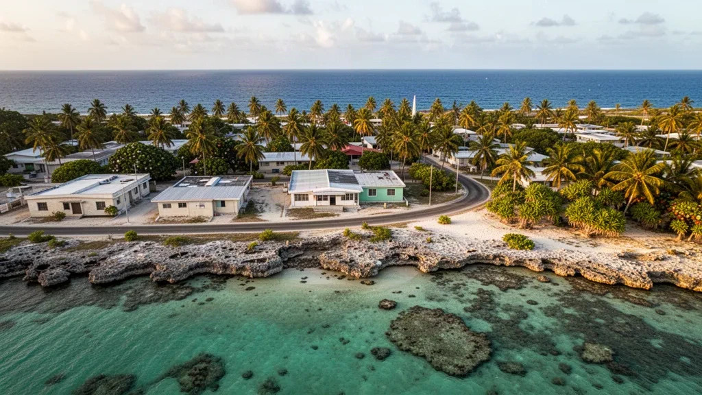 Yaren, Nauru, Regierungsbezirk an der Küste mit Korallenstrand, Kokospalmen und türkisfarbenem Wasser des Pazifikriffs in weichem Nachmittagslicht