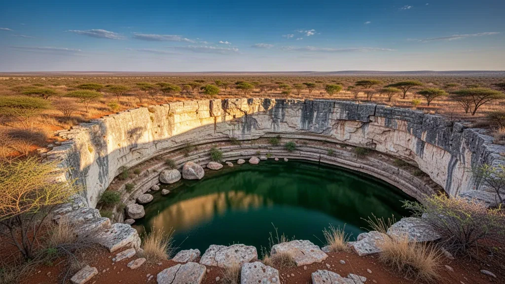 Still emerald water of Lake Otjikoto sinkhole encircled by pale rocky cliffs and dry bushveld in Oshikoto Region, Namibia